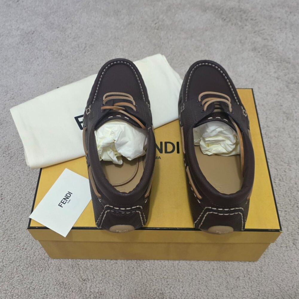 Fendi Deck Brown Leather Logo Boat Shoes Loafers Men’s Size 8 / US 9 NIB - Picture 4 of 8
